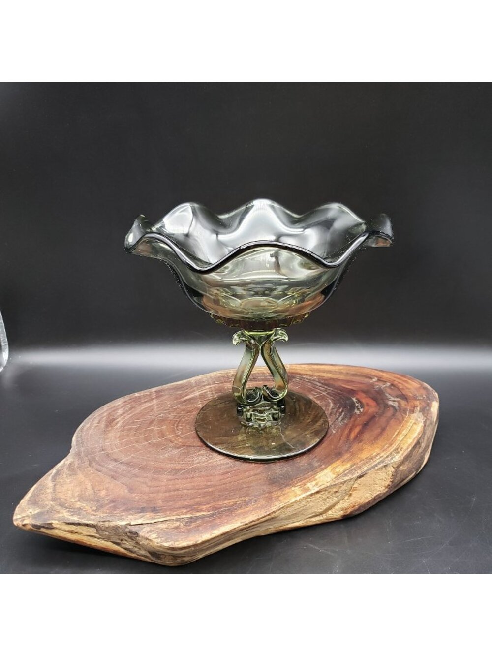 Viking Princess Green Glass Compote Ruffled Edge Pedestal Bowl 6"